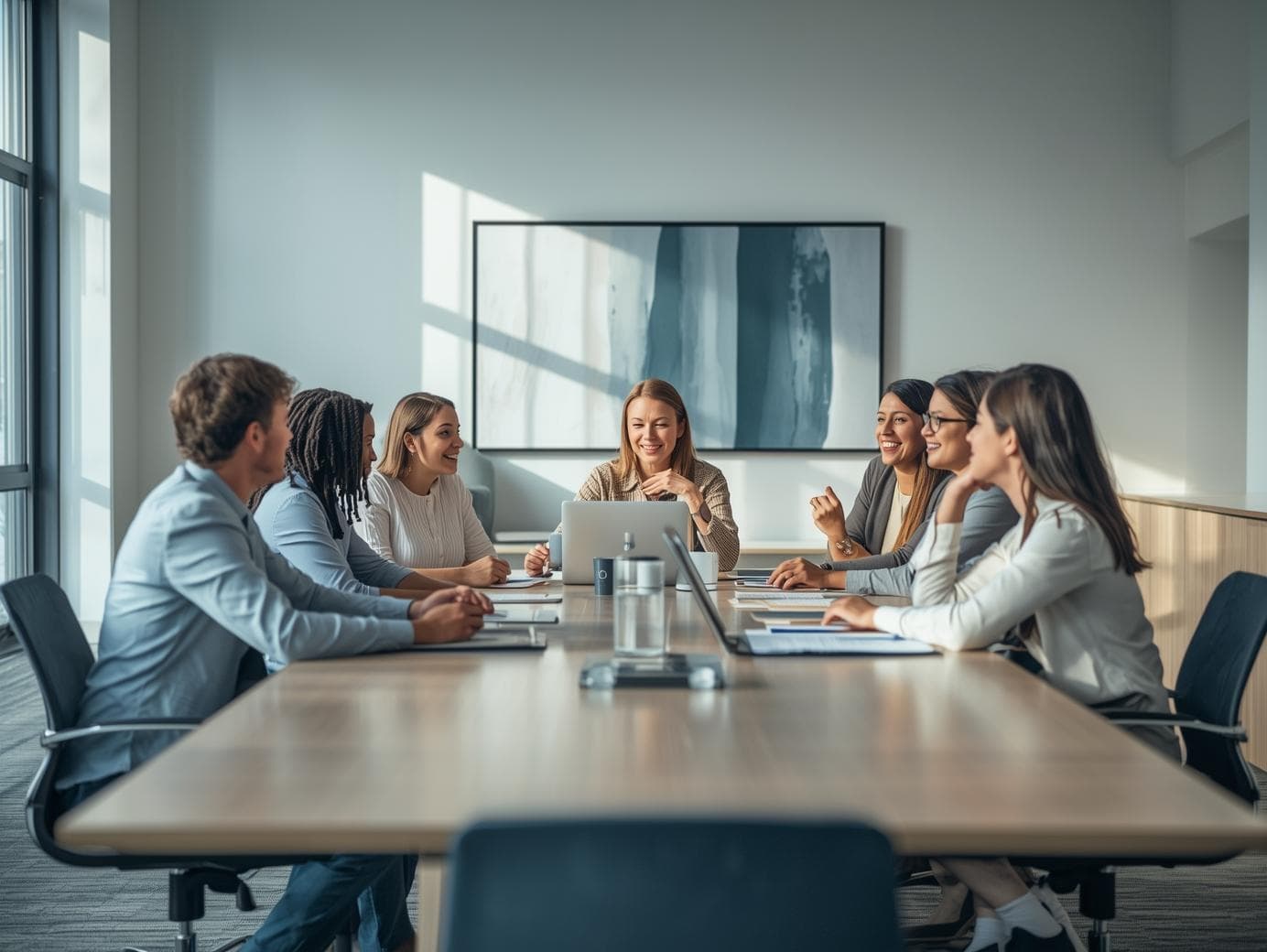 A professional business meeting in a modern office.